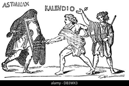 Antike Welt, Römisches Reich, Gladiatoren, Duell des Secutor Astyanax gegen den Retiarius Kalendio, nach Mosaik, via Appia, Anfang 4. Jahrhundert n. Chr., Zeichnung, 19. Jahrhundert, Schiedsrichter, Ref, Schiedsrichter, Schild, Schilde, Scutum, Beinschutz, Kämpfe, Netz, Netze, Dreizack, Spiel, Spiele, Kampf, Kampf, alte Welt, alte Zeiten, Gladiator, Dugladiatoren, Mosaik, Mosaike, historisch, historisch, alte Welt, Männer, Mann, männlich, Menschen, Zusatz-Rechte-Clearences-nicht vorhanden Stockfoto
