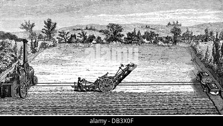 Landwirtschaft, Maschinen, Dampfpflug mit Zugmaschine, System von John Fowler (1826 - 1864), Holzstich, 19. Jahrhundert, Grafik, Grafik, landwirtschaftliche Arbeit, Landarbeit, Landarbeit, Feld, Felder, Pflüge, Pflüge, Pflügen, Pflügen, Pflügen, Pflügen, Dampfmaschine, Dampfmaschinen, Mechanisierung, Technologie, Technik, Technik, Fortschritt, Landwirtschaft, Landwirtschaft, Maschine, Maschinen, Dampfpflug, System, Systeme, historisch, historisch, Menschen, zusätzliche-Rechte-Clearences-nicht verfügbar Stockfoto