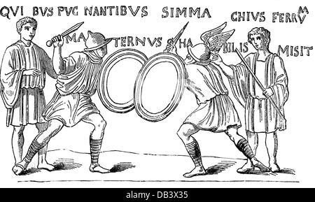 Antike Welt, Römisches Reich, Gladiatoren, Duell der zerrissenen Equites, beiseite zwei Schiedsrichter, Zeichnung, 19. Jahrhundert, nach alten Illustration, Kämpfe, Sport, EQUITUS, Spiel, Spiele, Parma Equestris, Schild, Schilde, Helme, geflügelte Helm, Kampf, Kampf, alte Welt, alte Zeiten, Gladiator, Gladiatoren, Duell, Duelle, beiseite, daneben, alte Schiedsrichter, historische, Schiedsrichter, historische, Welt, historische, Männer, Mann, männlich, Menschen, Zusatzrechte-Clearences-nicht vorhanden Stockfoto
