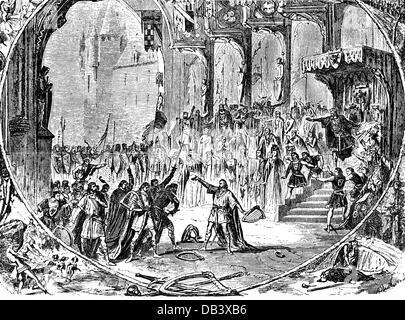 Theater, Oper, Tannhäuser und der Sängerkrieg auf der Wartburg, von Richard Wagner, 2. Akt, letzte Szene, Pariser Oper, Holzstich, von Alphonse de Neuvile, 1861, aus: Ernst Bücken, die Musik des 19. Jahrhunderts bis zur Moderne, Potsdam, 1928, , Additional-Rights-Clearences-not available Stockfoto