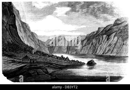 Geographie / Reisen, Norwegen, Wasserstrecke, Gjende See, Holzstich, um 1870, Zusatzrechte-Clearences-nicht vorhanden Stockfoto