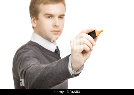 Mann Texteingabe mit Filzstift auf transparenten Oberfläche Stockfoto