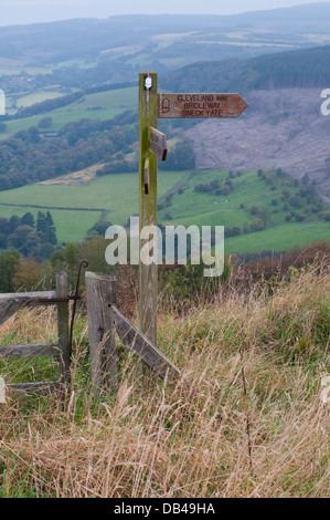 Holz- fingerpost Kennzeichnung Cleveland Way National Trail in schöner Lage auf einem Hügel mit herrlichem Panorama über - Sutton Bank, Yorkshire, England. Stockfoto