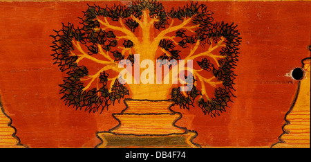 Diese Handschrift mit Palmblättern zeigt komplexe Symbole, die 16 Wallfahrtsorte darstellen. Die Holzbezüge sind mit künstlerischen Elementen verziert, die religiöse Symbolik mit handwerklichem Können verbinden. Sie bietet einen Einblick in historische Pilgertraditionen. Stockfoto