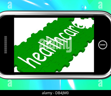 Gesundheitsversorgung auf Smartphone zeigt medizinischen Versorgung Stockfoto