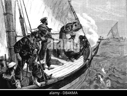 Sklaverei, Kampf, britische Seeleute, die ein arabisches Sklavenschiff an der Ostküste Afrikas beschuss, Holzstich, 1881, Zusatzrechte-Clearences-nicht vorhanden Stockfoto