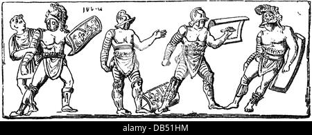 Antike Welt, Römisches Reich, Gladiator, Kampf Gladiator, Holzstich nach einem Wandgemälde in Pompeji, 1. Hälfte 1. Jahrhundert, Schild, Schilde, Scutum, Kämpfe, Spiel, Spiele, Kampf, Kampf, alte Welt, Antike Zeiten, Gladiator, Gladiatoren, Wandmalerei, Wandmalerei, Wandmalerei, Wandmalerei, Wandmalerei, Wandmalerei, Wandmalerei, historische, historische, alte Welt, Menschen, Zusätzliche-Rechte-Clearences-Nicht Verfügbar Stockfoto