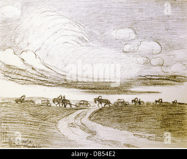 Bildende Kunst, Barlach, Ernst (1870-1938), Grafik, "Wagenzug in der Steppe" (Wagon-Spalte in der Steppe), Kohle Zeichnung, 27.1 Stockfoto
