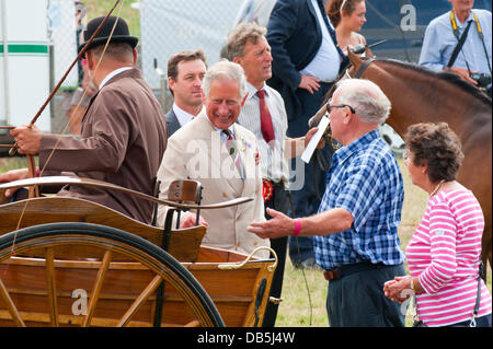 Llanelwedd, Powys, UK. 24. Juli 2013. Der Prinz trifft Kutsche Fahrer.  Der Prinz von Wales, ehemaliger Präsident der Royal Welsh Agricultural Society (RWAS) und der Herzogin von Cornwall besuchen die Royal Welsh Show in Mid Wales. Es ist Prinz Charles siebten Besuch in Llanelwedd, wo die größte Landwirtschaftsausstellung in Europa stattfindet, aber für die Herzogin es ist ihr erstes. Photo Credit: Graham M. Lawrence/Alamy Live-Nachrichten. Stockfoto