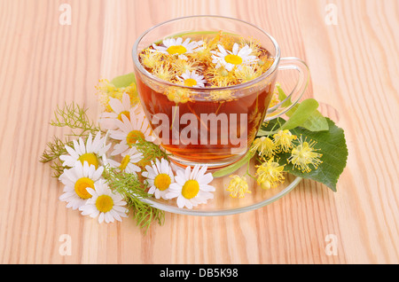 Kräutertee in Glasschale mit Linden und Kamille-Blüten auf einem Holztisch Hintergrund Stockfoto