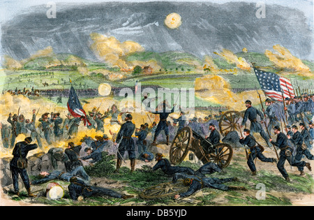 Verbündete General Longstreet Angriffe Union Linien, Schlacht von Gettysburg, 1863. Hand - farbige Holzschnitt Stockfoto