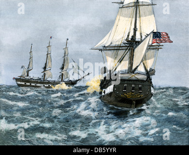 HMS 'Macedonian" Überquerung der Bug der USS "Vereinigten Staaten", Krieg von 1812. Handcolorierte halftone einer Abbildung Stockfoto