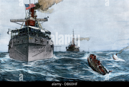 US-Flotte im Key West 1898: Armored Cruiser 'New York', Schlachtschiff "Indiana", und ein torpedoboot Dispatches durchführt. Handcolorierte Halbton Stockfoto