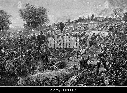 Veranstaltungen, Deutsch-Preußen Krieg 1870 - 1871, Schlacht bei Wörth, 6.8.1870, württembergische Truppen, Holzstich von G. Bleibtreu, 19. Jahrhundert, Franco - Preußen, Soldaten, Truppe, Infanterie, historisch, historisch, Militär, Schlachtfeld, Schlachtfeld, Schlachtfeld, Schlachtfelder, Vormarsch, Vormarsch, Schub, Menschen, Additional-Rights-Clearences-nicht vorhanden Stockfoto