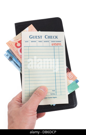 Blank Guest Check und Dollar, Konzept von Restaurant Kosten. Stockfoto