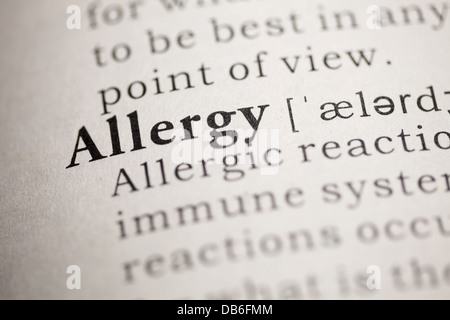 Gefälschte Wörterbuch, Wörterbuch-Definition des Wortes Allergie. Stockfoto