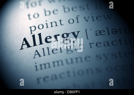 Gefälschte Wörterbuch, Wörterbuch-Definition des Wortes Allergie. Stockfoto