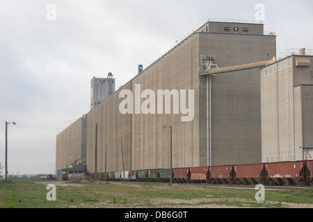 Güterwagen abgestellt bei großen Getreidesilo in Saginaw Texas USA Stockfoto