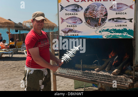 Spieße oder Espeto Sardinen, Torre del Mar beach, Provinz Malaga, Region von Andalusien, Spanien, Europa Stockfoto