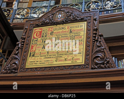 Plaque Picton Reading Room Liverpool Library, alter Teil des Gebäudes, Merseyside, England, L3 8EW Stockfoto