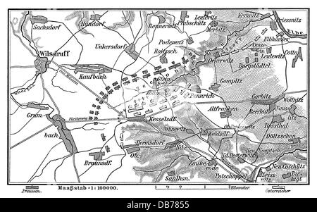 Österreichischer Erbfolgekrieg 1740 - 1748, Schlacht bei Kesselsdorf, 15.12.1745, Karte, Holzstich, Ende 19. Jahrhundert, zweiter Schlesischer Krieg, Preußen, Sachsen, Sachsen, Österreich, Österreicher, 18. Jahrhundert, historisch, historisch, Zusatzrechte-Freigaben-nicht vorhanden Stockfoto