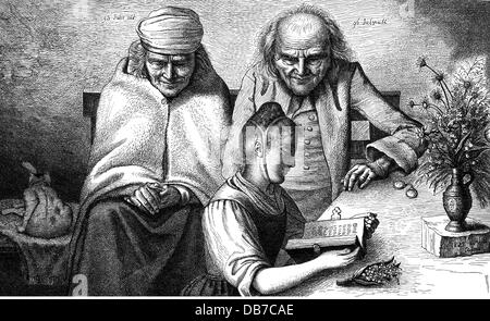 Festlichkeiten, pfingsten, über 90 Jahre altes Ehepaar aus Hessen am pfingstmorgen, Radierung, von Ludwig Emil Grimm (1790 - 1863), Kassel, 1825, Zusatzrechte-Clearenzen-nicht vorhanden Stockfoto