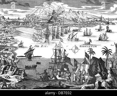 Anglo-Spanish Krieg 1727-1729, Belagerung von Gibraltar durch die spanische, 11.2. - 12.6.1727, zeitgenössischer Kupferstich, Anglo-Spanischen Krieg, britischen Flotte, Royal Navy, Artillerie, Festung, Festungen, Königreich Spanien, Großbritannien, Bucht, historisch, historische, 18. Jahrhundert, Menschen, Artist's Urheberrecht nicht geklärt zu werden. Stockfoto