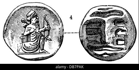 Geld / Finanzen, Münzen, Antike Welt, Persien, Doppeldarik, Gold, 5. - 4. Jahrhundert v. Chr., Holzstich, 1816, Zusatzrechte-Clearences-nicht vorhanden Stockfoto