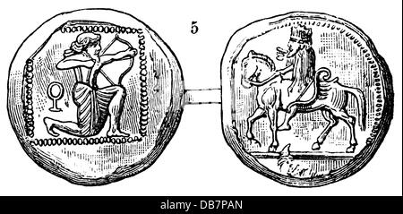 Geld / Finanzen, Münzen, Antike Welt, Persien, Satrap-Münze, Silber, 5. - 4. Jahrhundert v. Chr., Holzstich, 1816, Zusatzrechte-Abwertungen-nicht vorhanden Stockfoto