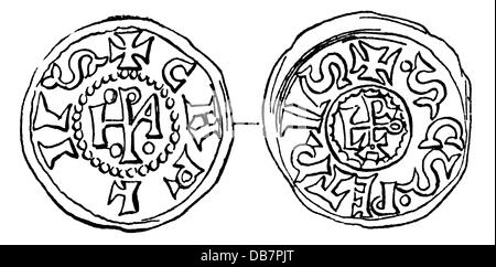 Geld / Finanzen, Münzen, Frankisches Reich, Denar, von Kaiser Karl dem Großen und Papst Leo III., Silber, um 800, Zusatzrechte-Clearences-nicht vorhanden Stockfoto