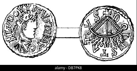 Geld / Finanzen, Münzen, Frankisches Reich, Münze, von Kaiser Ludwig dem Frommen, Dorestad, 9. Jahrhundert, Holzstich, nach CAppe, 19. Jahrhundert, 9. Jahrhundert, Mittelalter, Mittelalter, Numismatik, Karolinger Dynastie, Karolinger, Karolinger, Ludwig dem Frommen, Porträt, Profil, Seitenwand, Profile, römischer Kaiser, Inschrift, Epigraphien, Inschriften, Schiff, Schiffe, Ruder, Münzen, Helm, Münzen, Münzen kaiser, Kaiser, historisch, historisch, männlich, Mann, alte Welt, Menschen, Männer, zusätzliche-Rechte-Clearences-nicht verfügbar Stockfoto