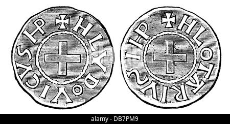 Geld / Finanzen, Münzen, Frankisches Reich, Münze, von Kaiser Ludwig dem Frommen und seinem Sohn und Co-Regenten Lothar, 9. Jahrhundert, Holzstich, nach Cappe, 19. Jahrhundert, 9. Jahrhundert, Mittelalter, Mittelalter, Numismatik, Karolinger Dynastie, Karolinger, Karolinger, Ludwig dem Frommen, Porträt, Profil, Seitenwand, Profile, römischer Kaiser, Inschrift, Epigraphien, Inschriften, Kreuz, Kreuze, Münzen, Münzen, Kaiser, Kaiser, historisch, historisch, Zusatzrechte-Clearences-nicht vorhanden Stockfoto