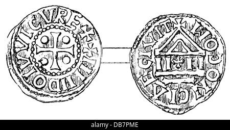 Geld / Finanzen, Münzen, Frankisches Reich, Münze, von König Ludwig dem Kind, Mainz, 10. Jahrhundert, Holzstich, nach Cappe, 19. Jahrhundert, 10. Jahrhundert, Mittelalter, Mittelalter, Numismatik, Karolinger Dynastie, Karolinger, Karolinger, Ludwig dem Kind, Inschrift, Epigraphien, Inschriften, Kreuz, Kreuze, Kirche, Kirchen, Münze, Münzen, König, Könige, historisch, historisch, Zusatzrechte-nicht vorhanden Stockfoto