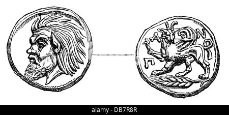 Geld / Finanzen, Münzen, Antike Welt, Griechenland, Stater, Panticaeum, 4. Jahrhundert v. Chr., Holzstich, aus: 'Le Magasin Pittoresque', Paris, 1865, Additional-Rights-Clearences-not available Stockfoto