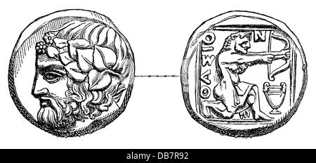 Geld / Finanzen, Münzen, Antike Welt, Griechenland, Drachme, Thasos, 4. Jahrhundert v. Chr., Holzstich, aus: 'Le Magasin Pittoresque', Paris, 1865, Additional-Rights-Clearences-not available Stockfoto