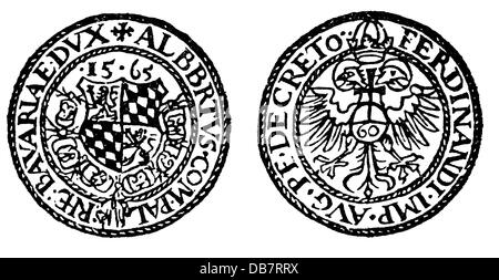 Geld / Finanzen, Münzen, Deutschland, Gulden Taler, von Herzog Albert V. von Bayern, 1565, von: Süddeutsche Zeitung - Münchner Stadtanzeiger, Sonderbeilage, 7.4.1972, Zusatzrechte-Clearenzen-nicht vorhanden Stockfoto