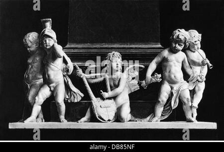 Beethoven, Ludwig van, 17.12. 1770 - 26.3.1827, deutscher Komponist, Denkmal, Wien, Entwurf von Caspar von Zumbusch, 1880, Putti als Allegorie auf die neun Symphonien, Kabinettskarte, Ende des 19. Jahrhunderts, Stockfoto