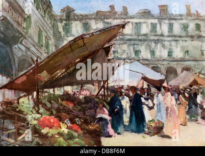 Fruit Market in Venedig, um 1900. Farbe halftone Reproduktion eines Gemäldes Stockfoto