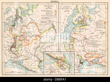 Russland 1462-1689 (links); Länder hinzugefügt Russischen Reich 1689-1825 (rechts), plus Armenien und Kaukasus (Detailzeichnung). Farblithographie Stockfoto