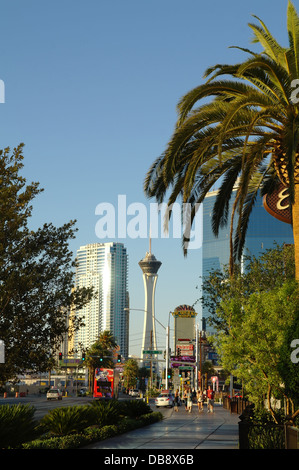 Blauer Himmel Porträt Menschen zu Fuß grün Bürgersteig in Richtung Encore Resort, Blick nach Süden zum Stratosphere Tower, Las Vegas Strip, USA Stockfoto