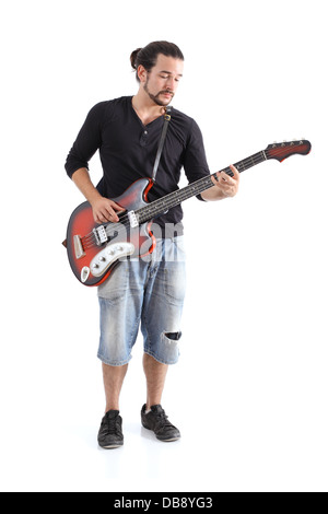 Junge Bass isoliert auf einem weißen Hintergrund zu spielen Stockfoto