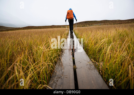 Weibliche Wanderer Spaziergänge auf Holzbohlen in Tjäktjavagge Kungsleden unterwegs, Lappland, Schweden Stockfoto