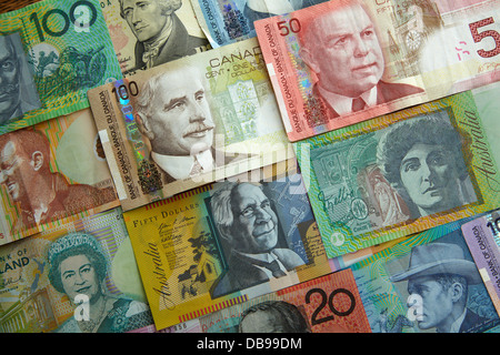 Fremdwährung - Australien, Kanada, USA und New Zealand Dollar Stockfoto