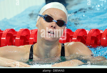 Barcelona, Spanien. 26. Juli 2013. Britta Steffen Deutschland reagiert während einer Trainingseinheit der 15. FINA Swimming World Championships im Palau Sant Jordi Arena in Barcelona, Spanien, 26. Juli 2013. Foto: Friso Gentsch/Dpa/Alamy Live News Stockfoto