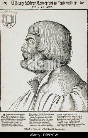 Dieses Porträt fängt Albrecht Dürer im Alter von 56 Jahren ein. Das Gemälde zeigt seinen selbstbewussten Ausdruck und betont seine Beherrschung der künstlerischen Technik und Selbstdarstellung in der Renaissance. Stockfoto
