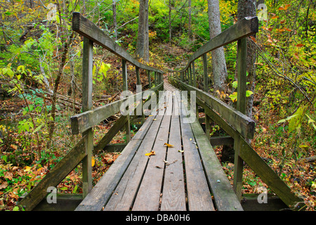 Eine wackelige Fuß-Holzbrücke über einem Fluss im Herbst, Glen Helen Naturschutzgebiet; Yellow Springs, Ohio, USA Stockfoto