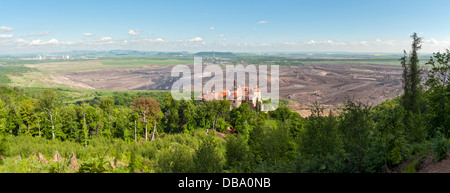Panoramablick auf das Schloss Jezeří (Eisenberg) und Braunkohle Kohleminen in der Nähe von den meisten und Litvinov, Nord-Böhmen, Tschechische Republik Stockfoto