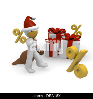 Weihnachtsmann mit Geschenk-Boxen und Prozent-Symbol auf weißem Hintergrund Stockfoto