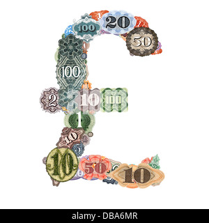 Britische Pfund-Zeichen aus Zahlen entnommen Welt Banknoten hergestellt. Stockfoto