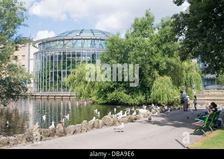 Familie Fütterung Vögel in Sunderland Mowbray Park, neben der Wintergärten, Nord-Ost-England, UK Stockfoto